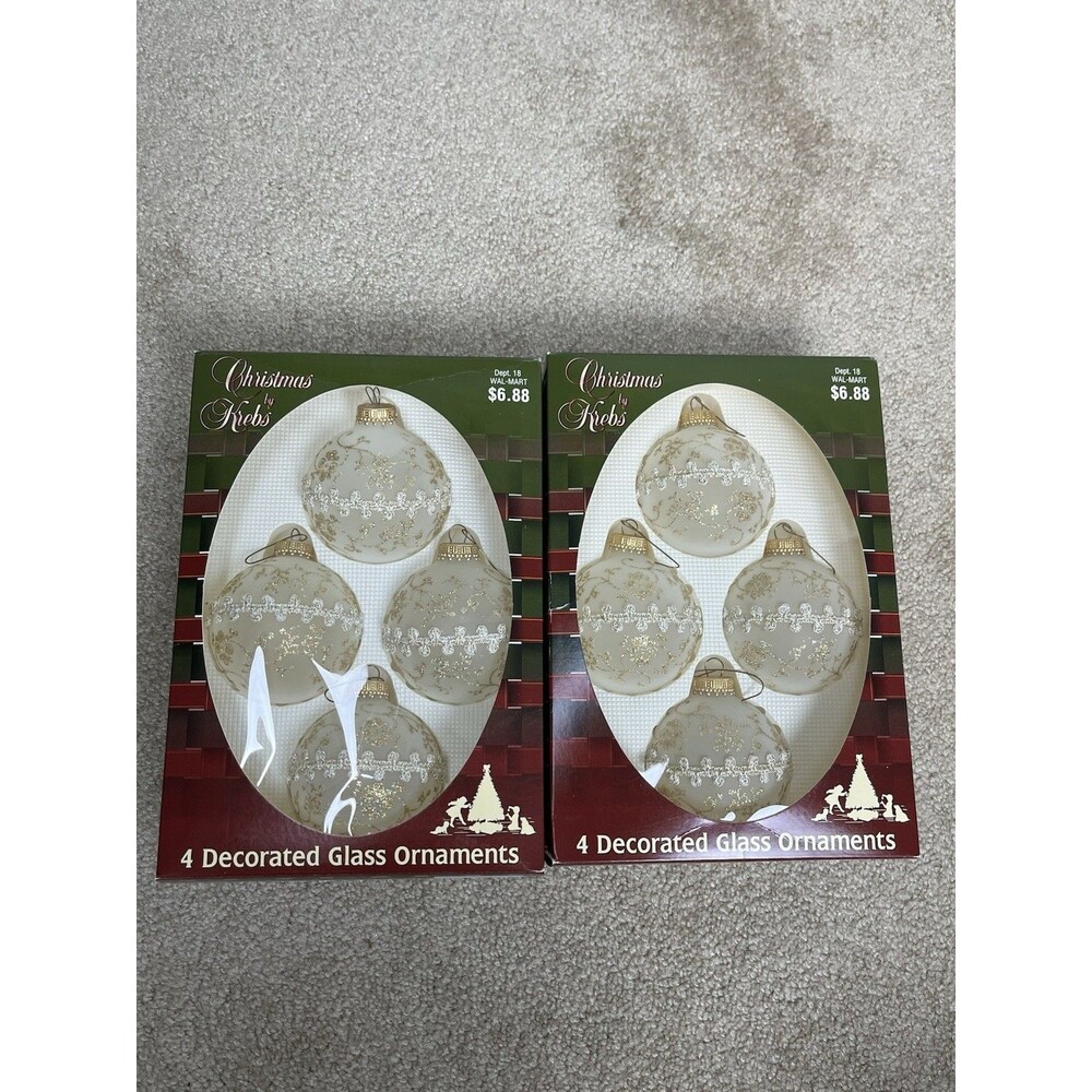 VTG 2 boxes Christmas by Krebs Frosted Glass Bulb Ornaments Gold Glitter Lace US